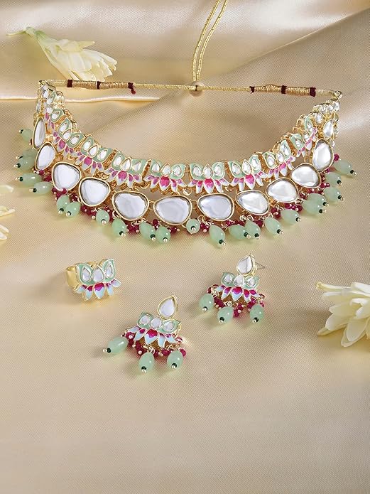 Lotus Green Pink Meenakari Necklace Earring Set