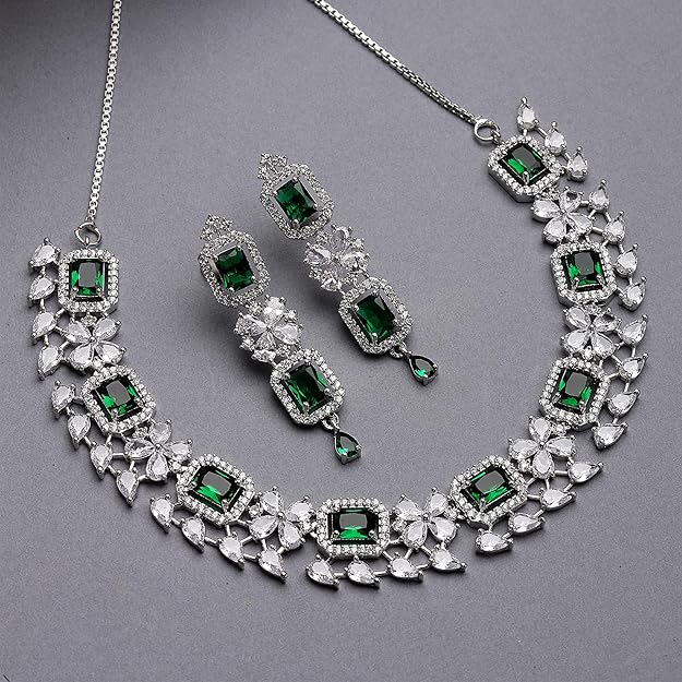 American Diamond Jewellery in Rhodium Plated Silver Toned Green and White AD Studded Necklace and Earrings Set for Women