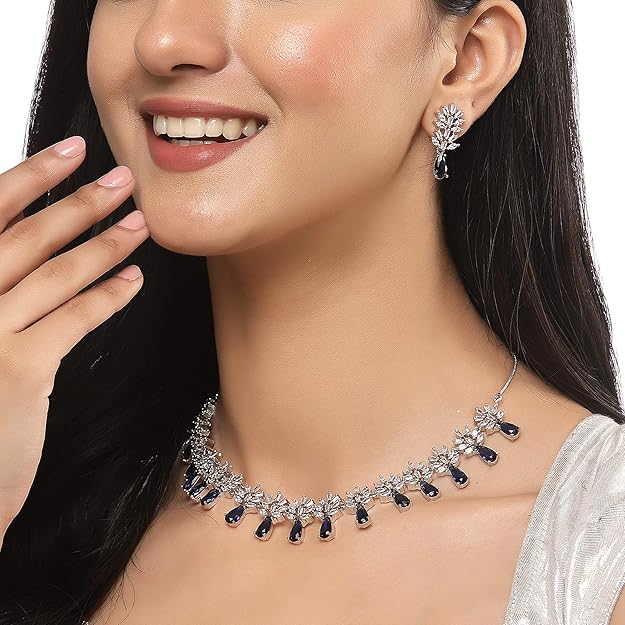 American Diamond Sets in Rhodium Plated Silver Toned Teardrop Shaped AD Studded Necklace and Earrings Jewellery Set