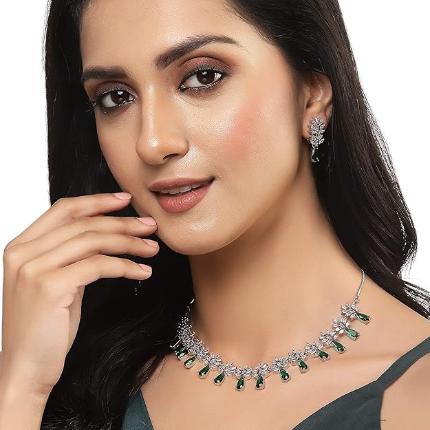 American Diamond Sets in Rhodium Plated Silver Toned Teardrop Shaped AD Studded Necklace and Earrings Jewellery Set