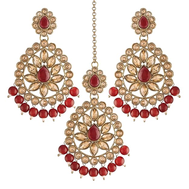 Kundan Chandbali Earrings in Gold Plated Antique Finish Bridal Maang Tikka Set