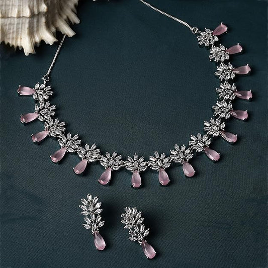 American Diamond Sets in Rhodium Plated Silver Toned Teardrop Shaped AD Studded Necklace and Earrings Jewellery Set