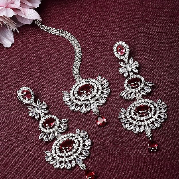 Diamond Mang Tikka in Rose Gold Plated American Diamond Studded Maang Tikka & Earrings Jewellery Set