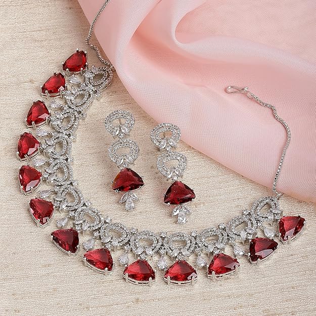 AD Necklace Set in Rhodium Plated Silver Toned Red and White American Diamond Studded Choker Necklace with Drop Earrings