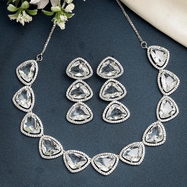 American Diamond Indian Jewellery in Rhodium Plated Silver Toned Triangular Shaped AD Studded Jewellery Set for Women and Girls