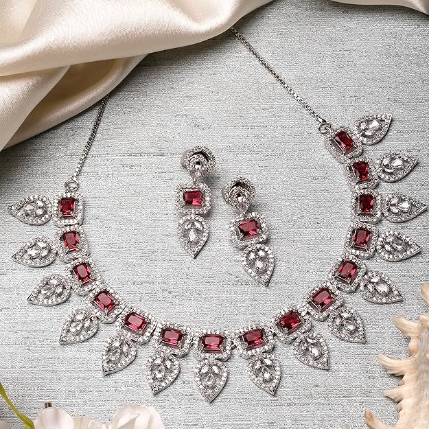 American Diamond Emerald Necklace in Leaf Style Rectangle Shaped AD Studded Rose Gold Plated Necklace Jewellery Set for Women and Girls