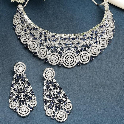 American Diamond Necklace Set in Rhodium Plated Silver Toned AD Choker Necklace with Earrings Jewellery Set for Women and Girls