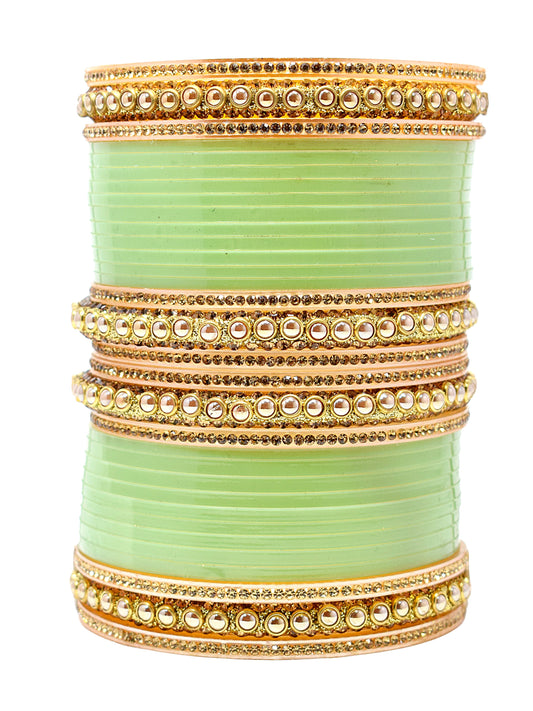 Zircon Stone Pista Wedding/Engagement Punjabi Suhag Chuda, Bangles Set of 16 for Women