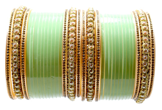 Zircon Stone Pista Wedding/Engagement Punjabi Suhag Chuda, Bangles Set of 16 for Women