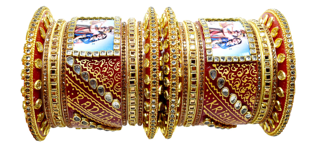 Personalized Red and Golden Hand Painted Names and Couple Photo Chuda Bangles for Women (Round Bindi, 2.4)