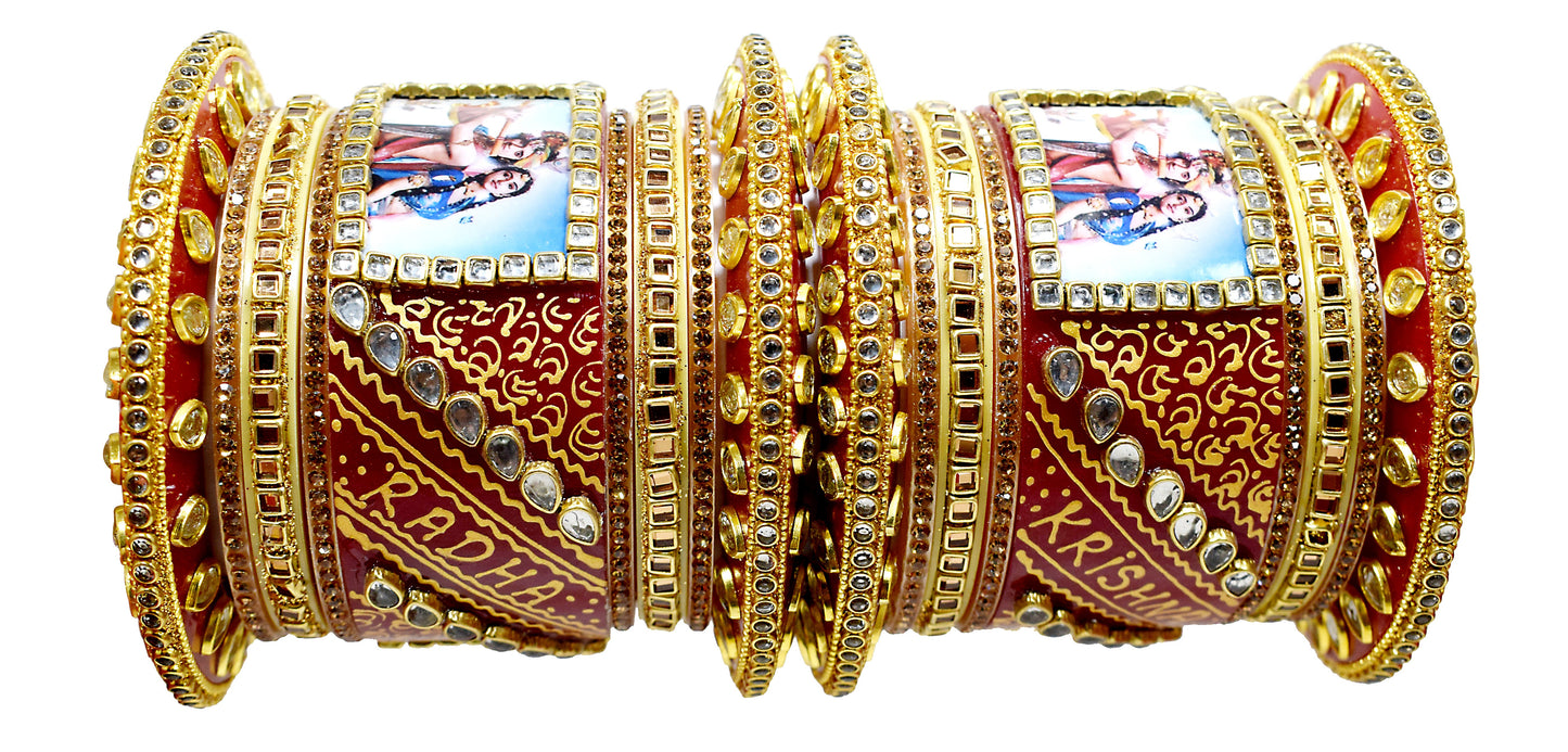 Personalized Red and Golden Hand Painted Names and Couple Photo Chuda Bangles for Women (Round Bindi, 2.4)