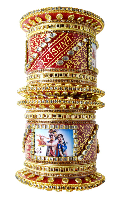 Personalized Red and Golden Hand Painted Names and Couple Photo Chuda Bangles for Women (Round Bindi, 2.4)