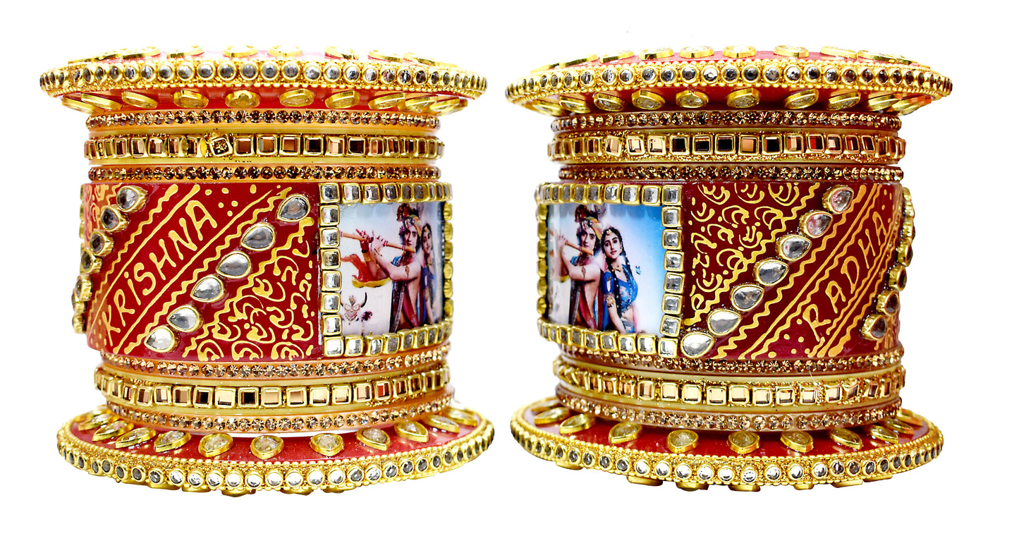 Personalized Red and Golden Hand Painted Names and Couple Photo Chuda Bangles for Women (Round Bindi, 2.4)