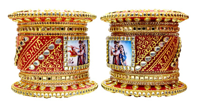 Personalized Red and Golden Hand Painted Names and Couple Photo Chuda Bangles for Women (Round Bindi, 2.4)