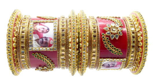 Bridal Handcrafted Personalised Rajasthani Rajputi Photo Kangan/Chudas Set With Green Leaves for Women