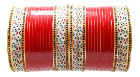 Brass & Seap Gold Plated and Pearl Chuda Bangles for Women & Girls (Red)