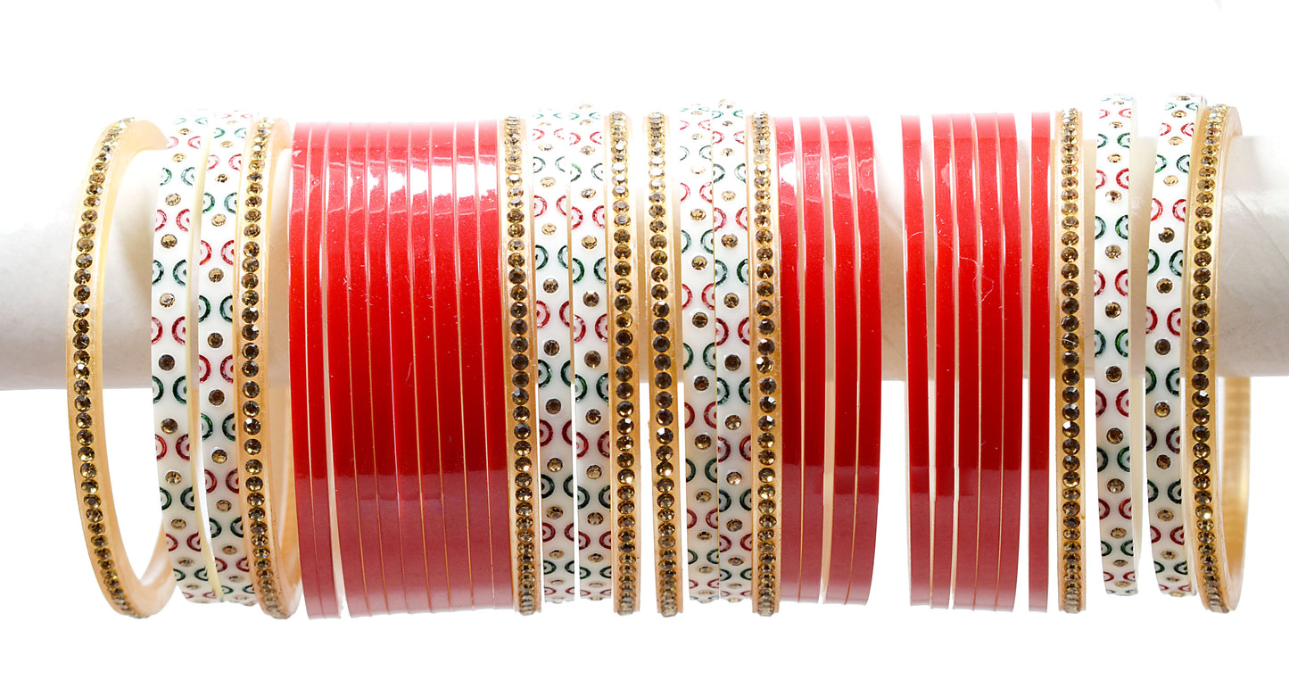 Brass & Seap Gold Plated and Pearl Chuda Bangles for Women & Girls (Red)