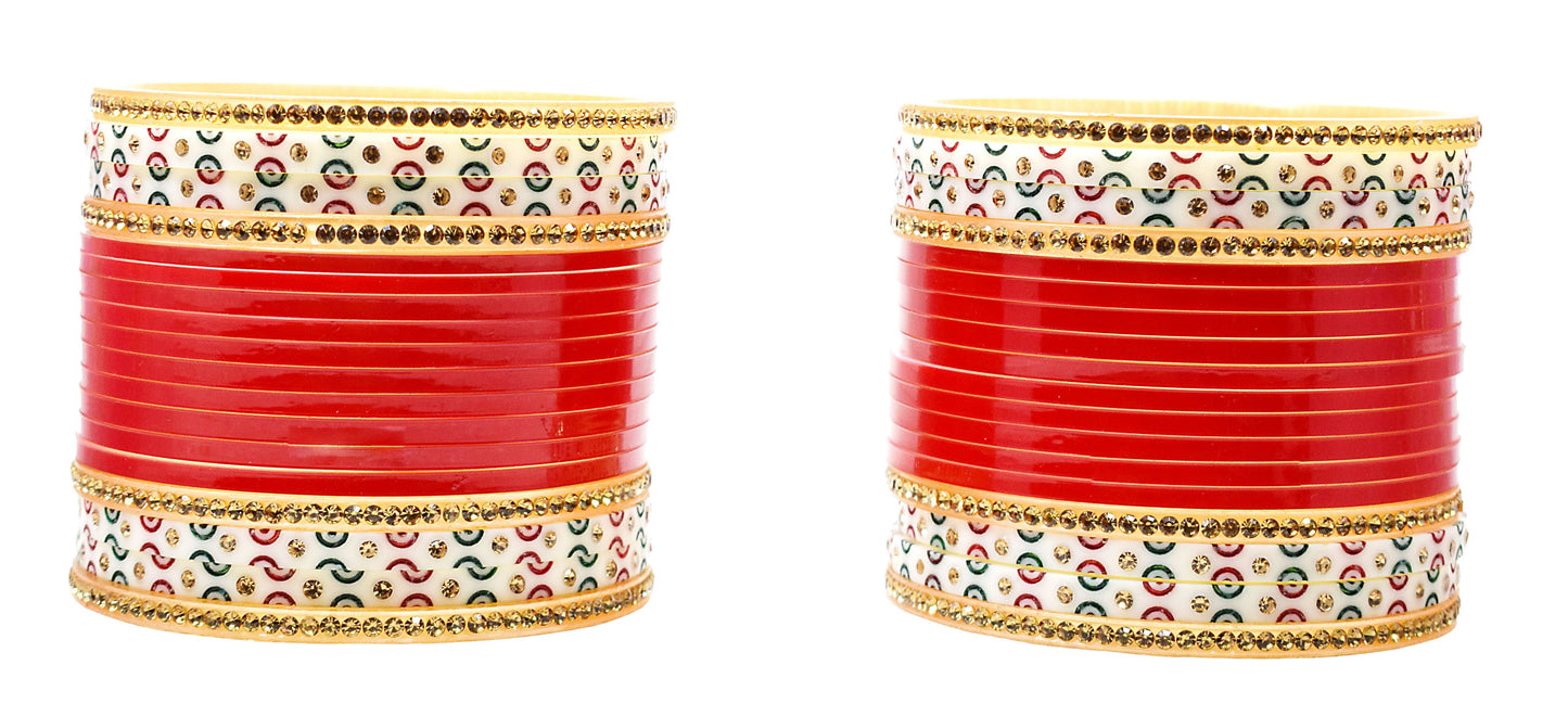 Brass & Seap Gold Plated and Pearl Chuda Bangles for Women & Girls (Red)
