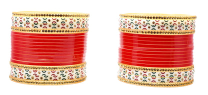 Brass & Seap Gold Plated and Pearl Chuda Bangles for Women & Girls (Red)