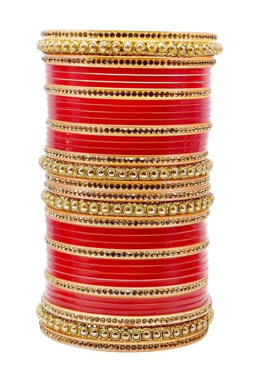 Red Designer Golden Stone Chura Bridal Dulhan Engagement Punjabi Choora Fashion Jewellery Chuda Set