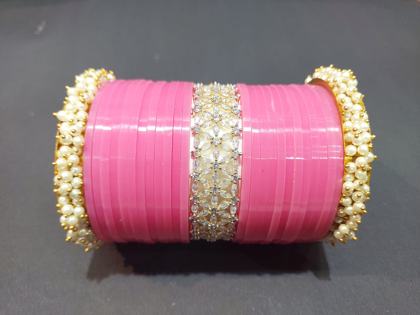 Pink Punjabi Chuda with American Diamonds Bangles