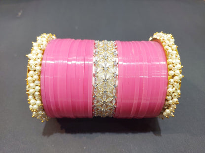 Pink Punjabi Chuda with American Diamonds Bangles