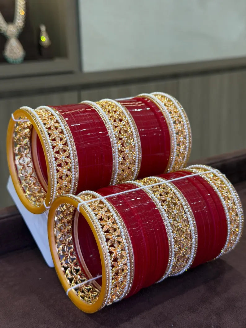Bridal Red Chooda with Gold Cubic Zirconia Kadas