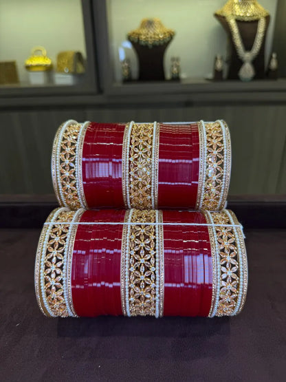 Bridal Red Chooda with Gold Cubic Zirconia Kadas