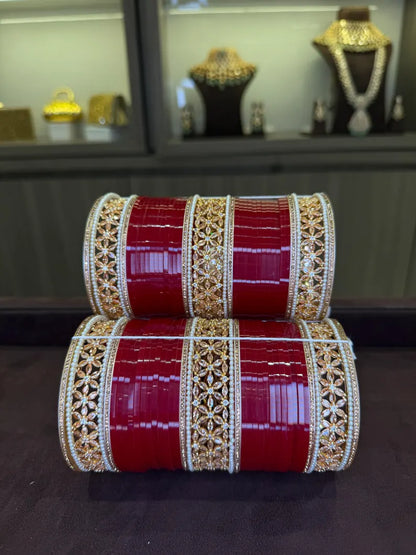 Bridal Red Chooda with Gold Cubic Zirconia Kadas