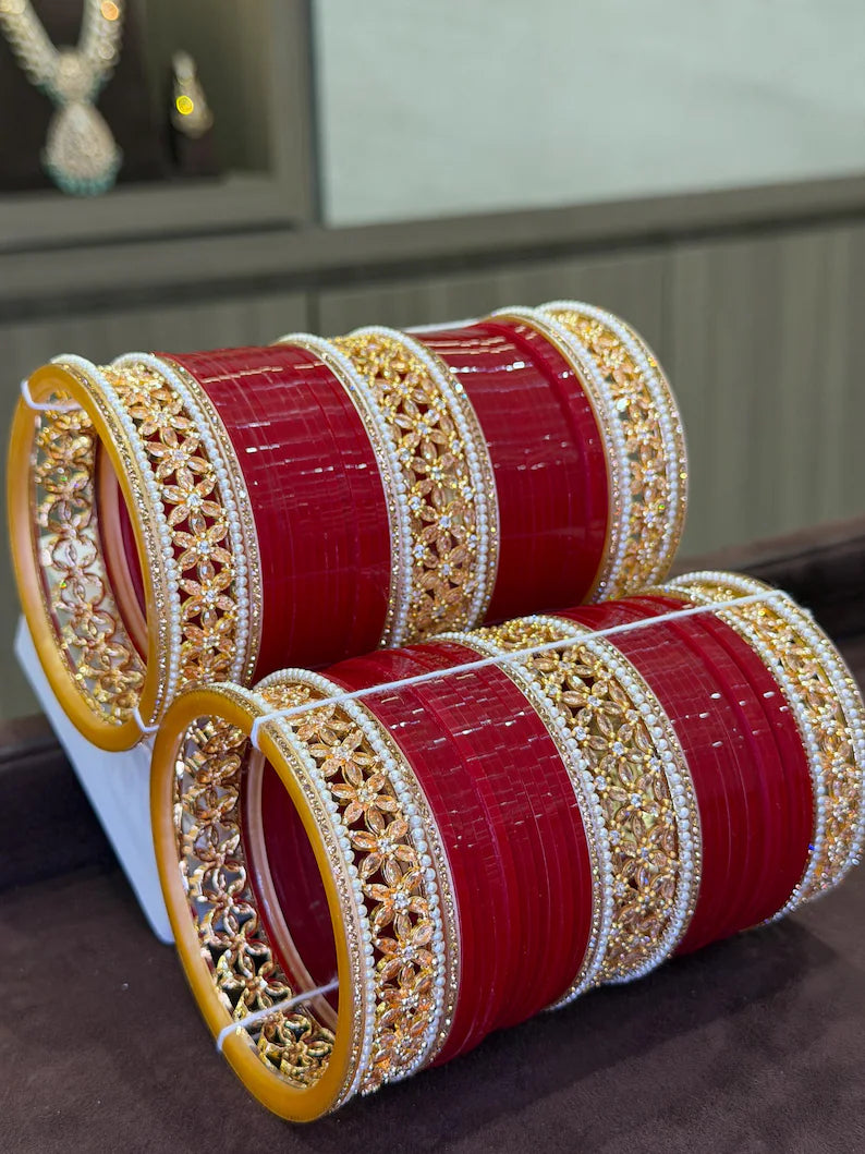 Bridal Red Chooda with Gold Cubic Zirconia Kadas