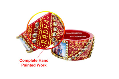 Personalized Red and Golden Hand Painted Names and Couple Photo Chuda Bangles for Women (Round Bindi, 2.4)