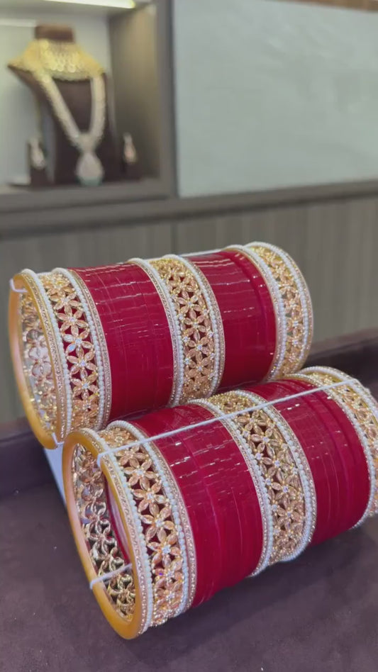 Bridal Red Chooda with Gold Cubic Zirconia Kadas
