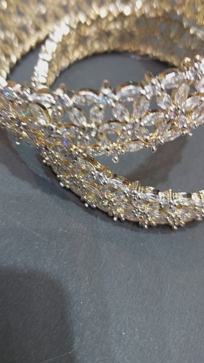 Gold-Plated White American Diamond studded Floral Shaped Bangles Jewellery Set (Set Of 2)